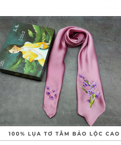 khăn lụa thêu tay hoa lan tím màu hồng 1