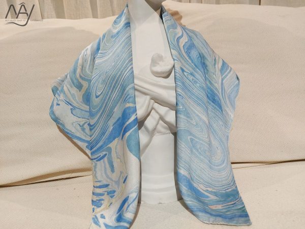 khăn lụa tơ tằm vẽ tay thủy ấn sóng biển xanh 1