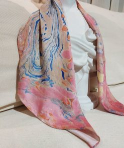 khăn lụa tơ tằm vẽ tay thủy ấn vân mây xanh hồng 2