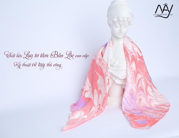 khăn lụa vẽ tay thủy ấn vân sóng màu hồng 11